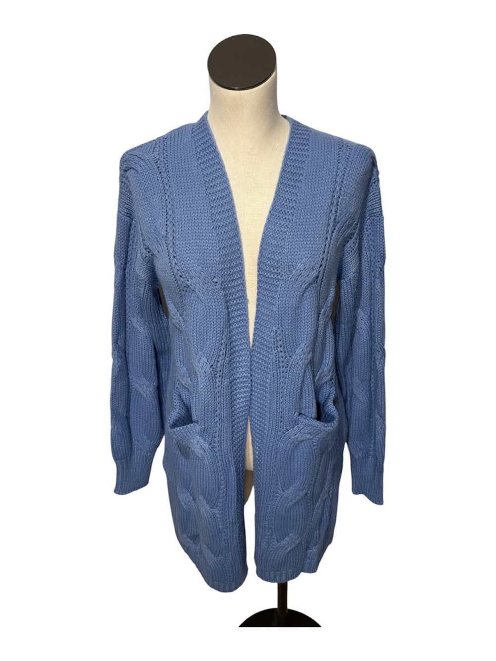Dokotto Blue Cable-Knit Open Front pockets medium Women's mid length sweater